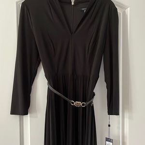 Tommy Hilfiger black midi dress. Zip back, pleated skirt, gold and black belt.